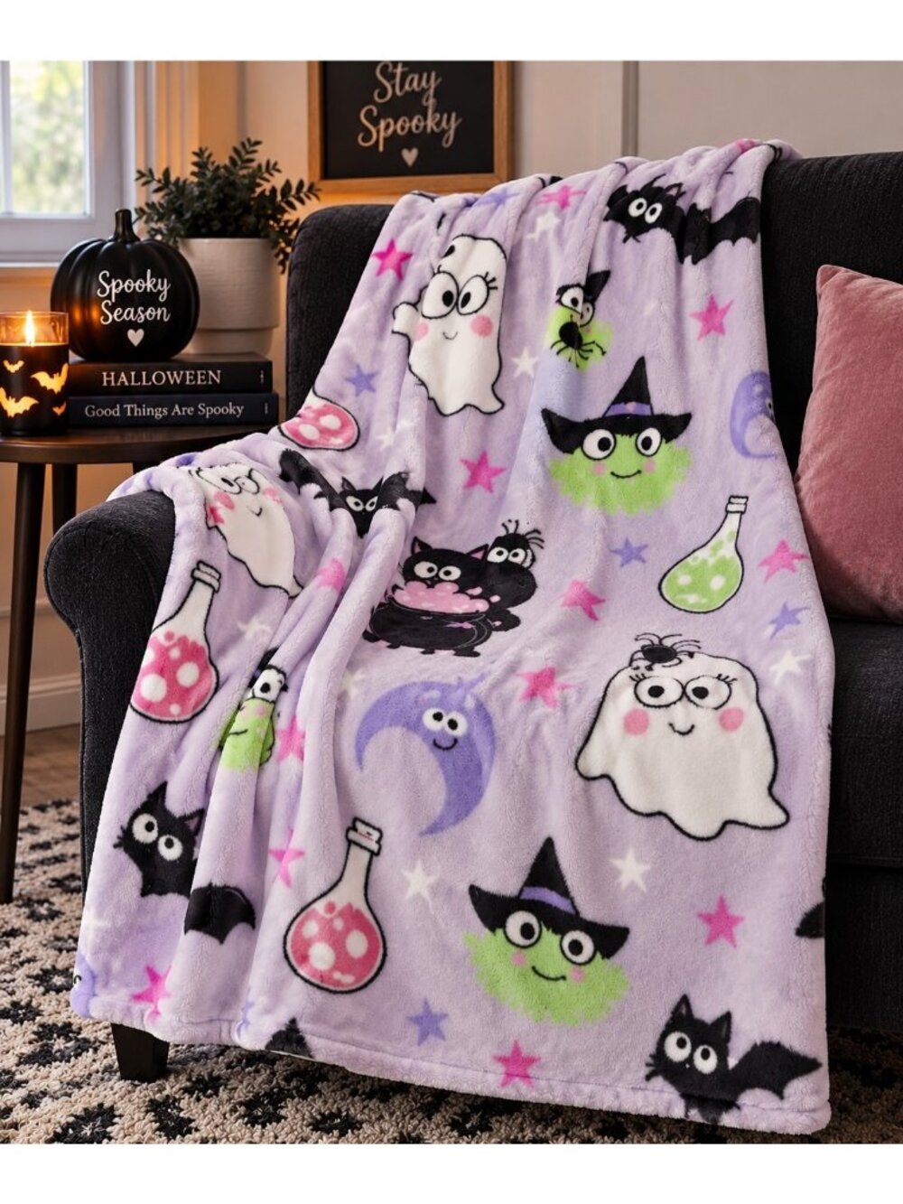 Betsey Johnson Halloween Throw Blanket Pastel Purple Ghost Witch Bat 50x70 NWT